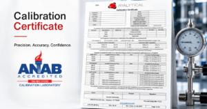 ANAB accredited ISO/IEC 17025 calibration certificate from Ayalytical displayed alongside a digital pressure gauge instrument