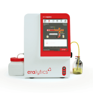 ERASPEC mid-FTIR spectrometer screen displaying fuel measurement testing results