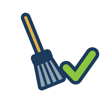 Broom with a green checkmark icon, representing reduced cleaning and maintenance requirements