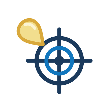 Icon of a fuel sample droplet centered on a crosshair target, representing high measurement precision