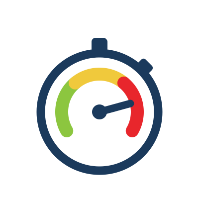Stopwatch with a green-to-red gauge and the needle in the red zone, representing fast test turnaround