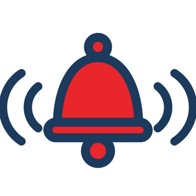 Red alarm bell with sound waves icon, representing safety alarms and automatic shutoff