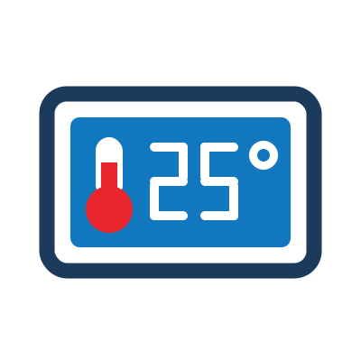 Display panel showing a thermometer and a temperature reading in degrees, representing an on-board LCD temperature display