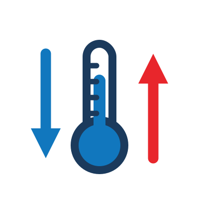 Thermometer between a blue downward arrow and a red upward arrow, representing a wide temperature control range