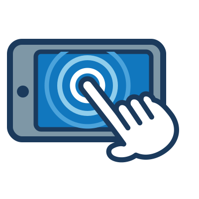 Icon of a hand touching a color tablet touchscreen, representing immediate on-screen display of analyzer results