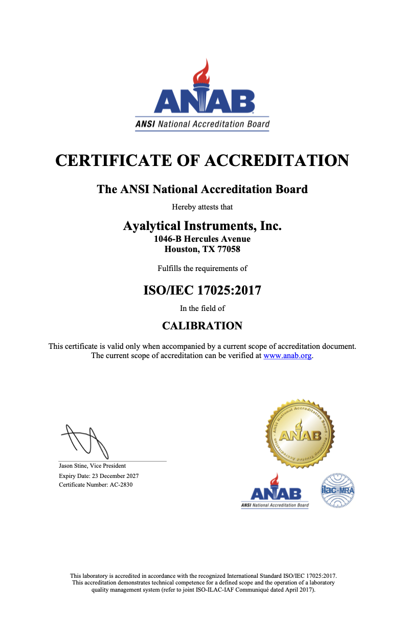 Ayalytical Instruments Certificate of Accreditation - Page 1